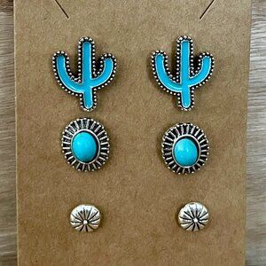 Turquoise Saguaro Cactus Stud Earring Set